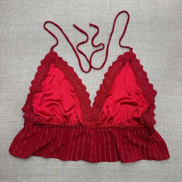 Boho Red Crochet Lace Trim Striped Halter Top Crop Tie Neck Party Wear Sz XL - Picture 4 of 5